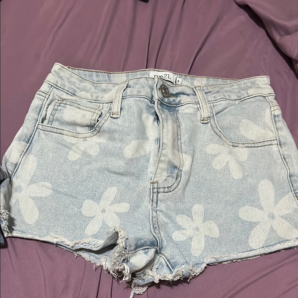 Rue21 Blue and White Floral Jean Shorts Distressed Style